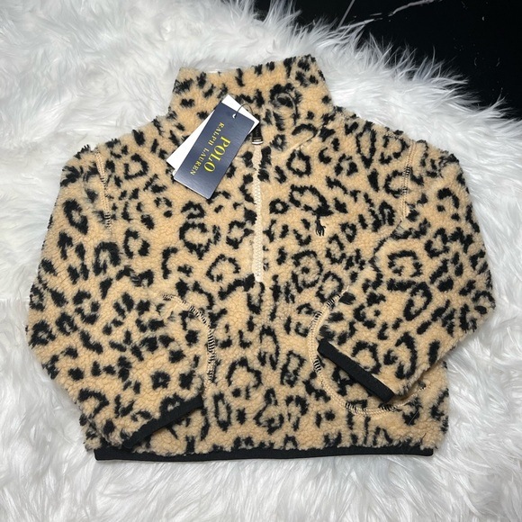 GIRL’S Polo Ralph Lauren Cheetah Print Fuzzy Cotton Half Zip - Picture 2 of 3